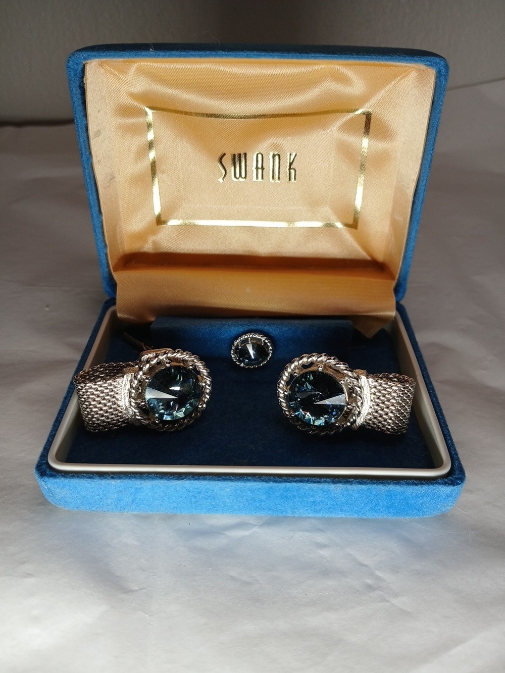 Vintage Swank Blue Crystal Mesh Cufflinks and Tie Tack Set New Old Stock